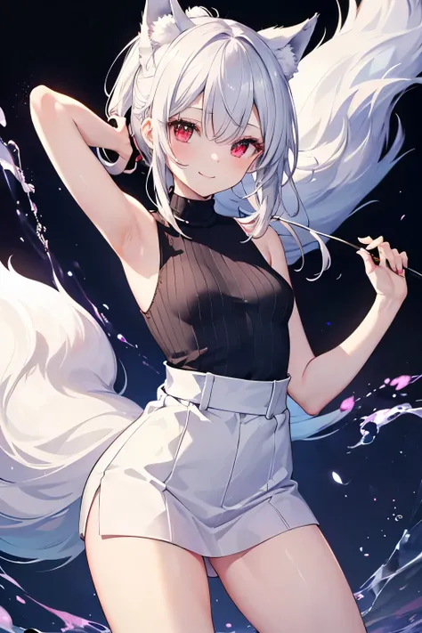 Silver Hair、Red Eye、Fox Ears、girl、Small breasts、ponytail、girl、Small breasts、Lolita、Bright smile、Looks about 15 years old、Petan Musume、short、目のhighlight、Sexy thighs、(length, High neck, Sleeveless sweater:1.3)、Show your armpits、Your eyes are so beautiful、hig...