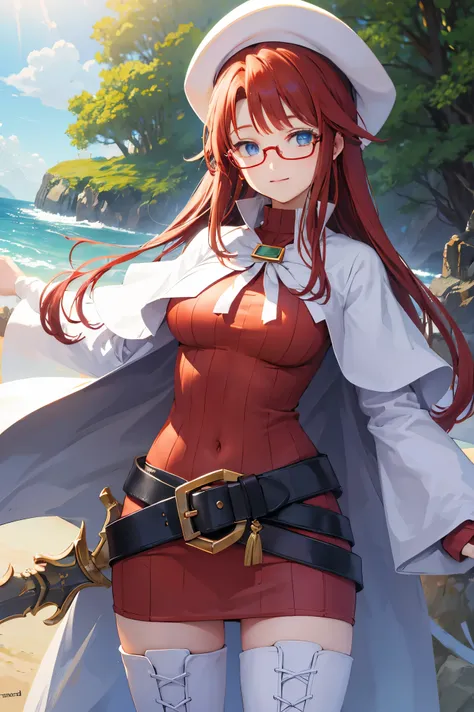 summonnightaty, aty, (young:1.3),long hair, blue eyes, red hair, big_berets, hat, glasses,
BREAK long hair, thighhighs, hat, dress, boots, glasses, belt, cape, sweater, zettai ryouiki, beret, thigh boots, white footwear, ribbed sweater, loose belt,solo,
BR...