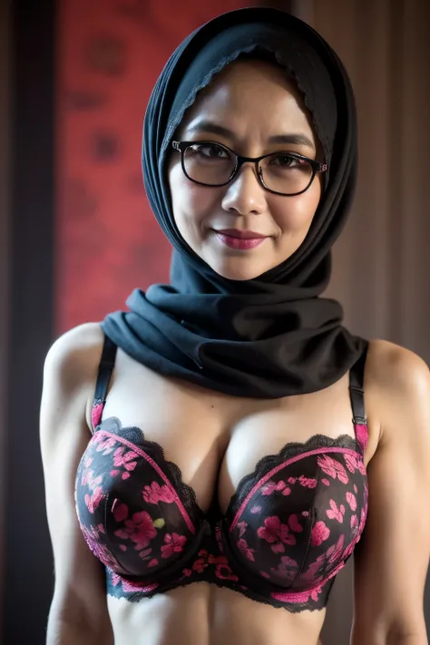 Spectacles, ((Old body lady:1.3)), ((Old lady:1.6)), (Happy smile), (((HIJAB MALAY GIRL))), masutepiece, High quality, UHD 32K, Realistic face, Realistic skin feeling , A Japanese Lady, 58 years old matured lady, , Very cute and baby-like face, (((FLAT CHE...