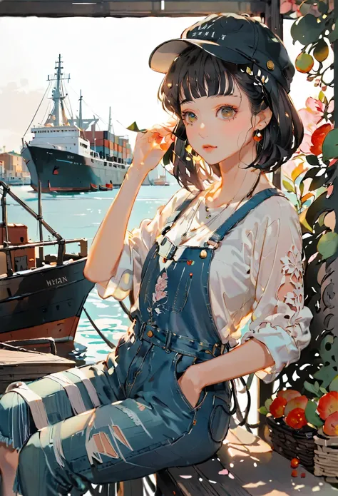 (((paper cutting style))), 1 girl, short black hair, cap, shirts and denim, portfolio, harbor and ship