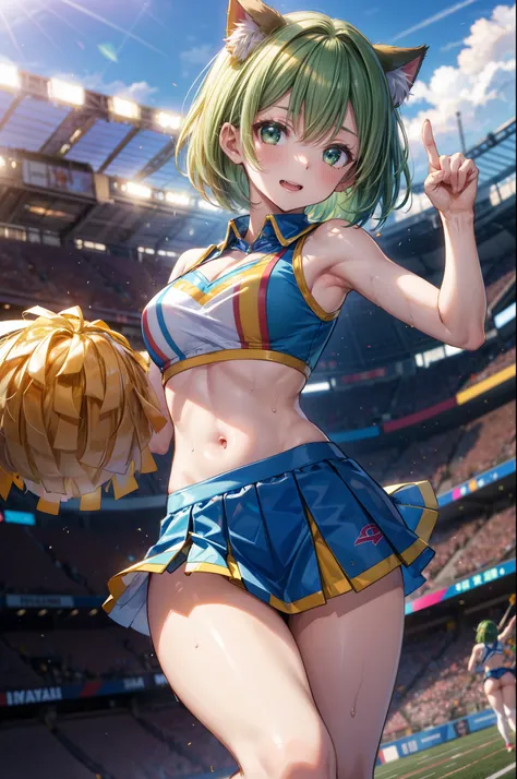 (cheerleader), Cheering, break, short hair, ((green hair1.5)), (cat ears a green), bob cut, (((4 defined fingers))), (((1 defined thumb))), (looking at viewer), break, sexy, ((solo)), (1 cute girl), ((highest quality)), ((masterpiece)), (familiar),  skinde...