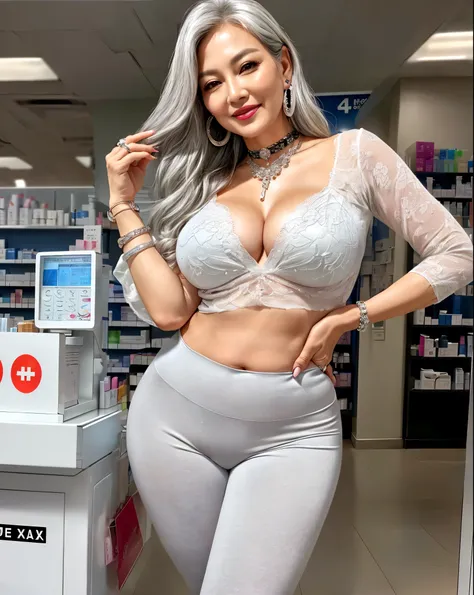  59 years old　Mom　MILF　Korean, Lady　large earring　Big choker　navel piercing decoration　A bracelet　Silver Hair　realisitic　Gorgeous Madame Beautiful Mature Woman　sexy　Smile　Gentle woman navel piercing　４K　High quality pharmacy　Drugstore　Cashier counter　summer...