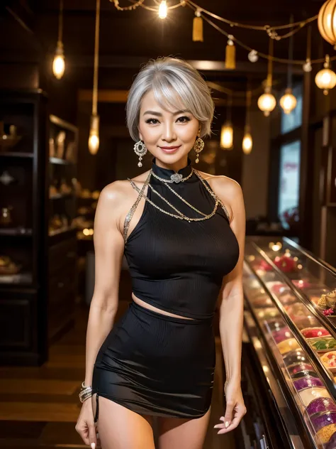 75 years old　Mom　MILF　Chinese Lady　large earring　Big choker　navel piercing decoration　A bracelet　Silver Hair　realisitic　Gorgeous Madame Beautiful Mature Woman　sexy　Smile　Gentle woman navel piercing　４K　High quality スーパーマーケット　Merchandise Shed　Display Cases　i...