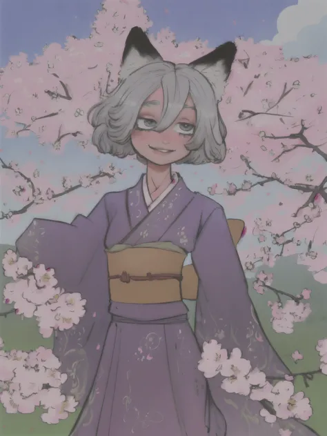 masterpiece, best quality, lineart, 1girl,solo,fox ears,japanese clothes,animal ear fluff,sash,kimono,smile,blush,hair between eyes,wide sleeves,obi,sleeves past wrists,blue sky,flowering cherryblue sky,flowering cherry,sunrise stance, (masterpiece), (best...