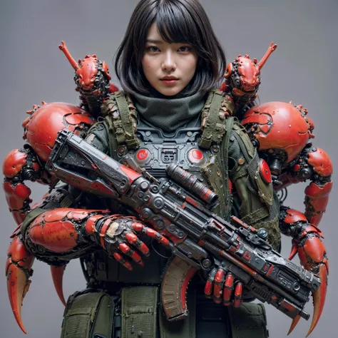 (top-quality:1.2, masterpiece), ultra high resolution, (Photorealsitic:1.4), (crab-base body),  1 Japanese female, extremely realistic face, (white hair), ((ultimately intricate all details)), (whole body picture), realistic shadow, octan render, glossy te...