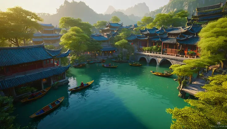 a traditional chinese village by a blue lake, ancient chinese architecture, detailed stone bridges, fisherman in boats, colorful roofs, lush vegetation, golden sunlight, mist over the water, intricate carved wooden details, tranquil atmosphere, (best quali...