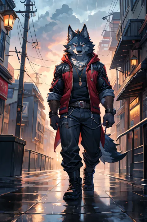 wolf orc，walking alone on the rainy sidewalk，slightly raised my head and looked at the rainy sky，full of sorrow，wear casual clot...