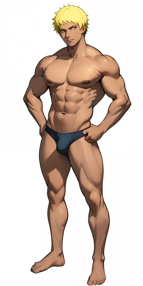 Cartoon illustration of a man in a blue swimsuit posing for a photo, beef patty pose, perfectly shaded body, muscular character, Muscle Man hero, Muscle Man, Gigachad muscle, muscular thighs, Complete body, Male anime characters, OPPEIN PROPORTION, muscula...