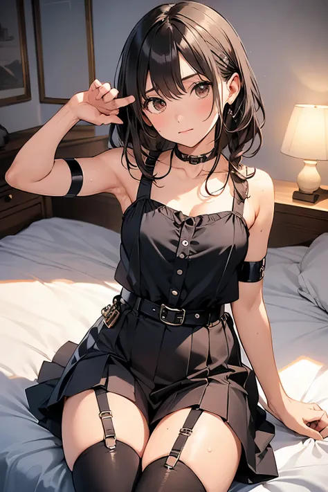 Staring at the audience　　　Black suspenders　　　bulging big breasts　　 　 　　　wall 　mini skirt　garterbelt　garter　　　　　　sight　　　Small face　 　　　holster　　　Beautiful woman　　Show your hand　　 Lying in bed　　sight 　　Taunt　side　side汗 　arm　　belt　summer　Armpit sweat