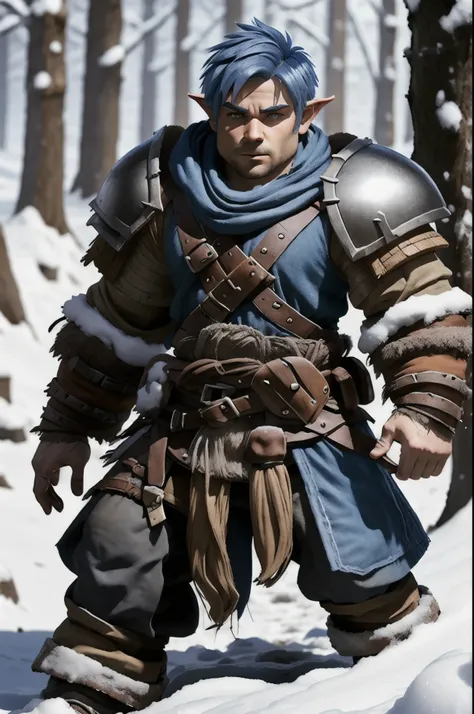 D&D character
Character: male gnome barbarian.
Appearance: young, short, thin, short blue hair, no beard, 
Wearing: Barbarian armor
Where: in snow.
Action: charging