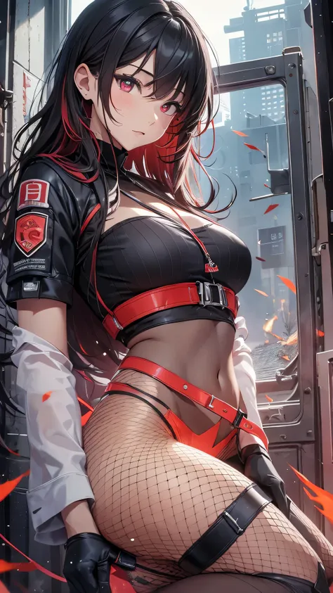 Highest quality、Highest quality、Masterpiece、girl((American、half、18-year-old、as soon as、Highest Bust、Medium Bust、Wide open chest、Red glowing eyes、Black Ear、Red Mesh、Disheveled Hair、Loincloth、thin、The best valley、Open chest、hair ornaments、Full body view、pant...