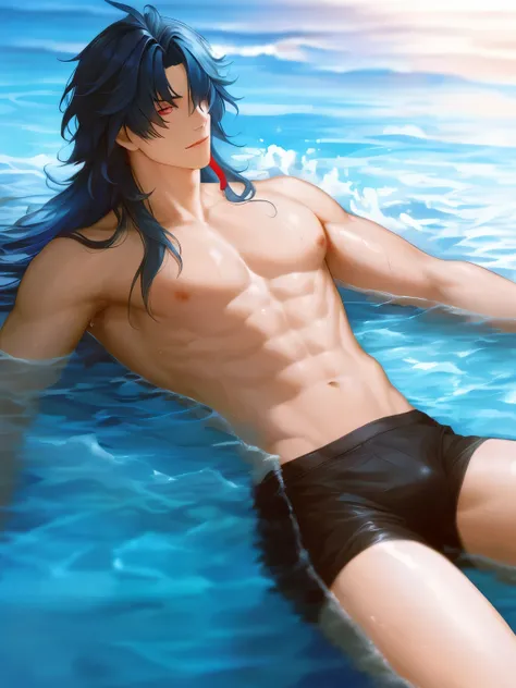 Wearing swimming trunks、Anime boy taking off his shirt and lying in the water, Cool anime poses, Anime handsome man, Tall anime man with blue eyes, Ilya Kuvshinov long hair, Inspired by Masanobu Okumura,, Shirtless :: High Detail, Shirtless,Anime style, Wa...