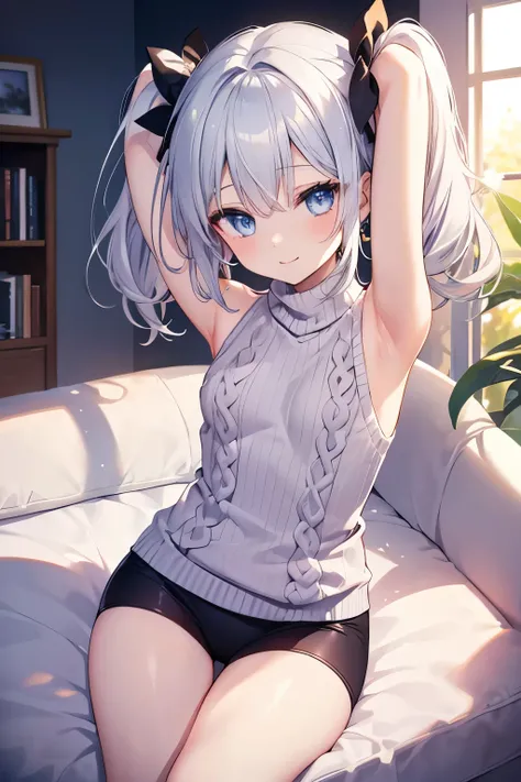 Silver Hair、Blue Eyes、girl、Small breasts、Twin tails、girl、Small breasts、Lolita、Bright smile、Looks about 15 years old、Petan Musume、short、目のhighlight、Sexy thighs、(length, High neck, Sleeveless sweater:1.3)、Showing armpits、Your eyes are so beautiful、highlight