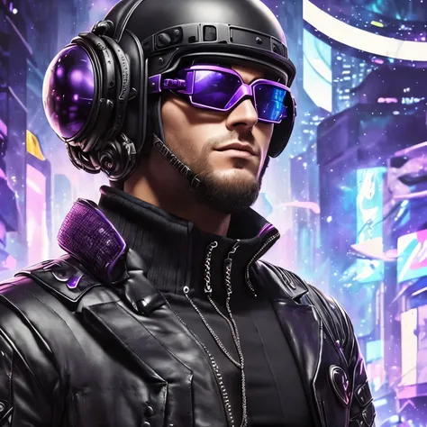 Un homme dans un costume futuriste de style cyberpunk, costume noir et violet avec armure, (((Avec casquette baiseball de style futuriste))), (((avec des lunettes noires futuristes)))  ((highly detailed realistic self-portrait)), sur fond de rayons de styl...