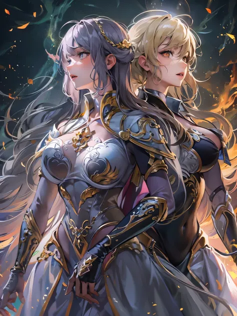 ((highest quality)),(Ultra-high resolution),(Very detailed),(Detailed Description),((The best CG)),(A masterpiece),Ultra-detailed art,Amazing drawing art,(Art with precise detail:1.5), (Female Heroes:1.4), Light, fight,