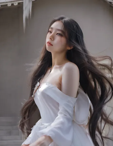 Long hair swaying in the wind, Silk blouse,off shoulders,Raw photo, Professional Photography,White dress, long black hair, beautiful Korean, princess (cinematic aesthetics:1.4) beautiful korean fashion model ,((best quality)), ((masterpiece)), (detailed)