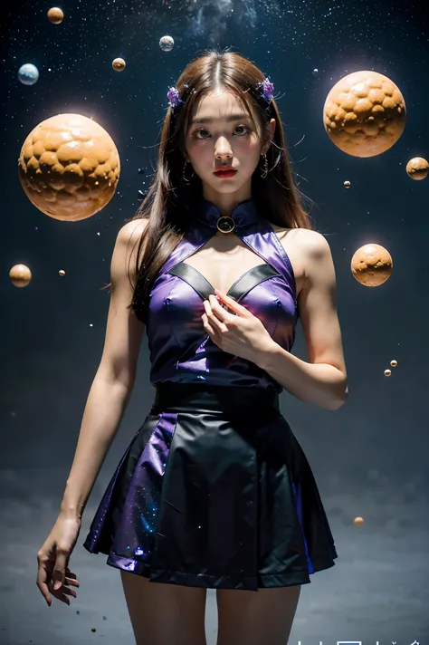 depicts a mysterious and beautiful female character standing on suspended fragments in the cosmic starry sky。
planets blend into...