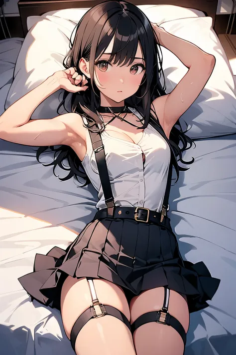 Staring at the audience　　　Black suspenders　　　bulging big breasts　　 　 　　　wall 　mini skirt　garterbelt　garter　　　　　　sight　　　Small face　 　　　holster　　　Beautiful woman　　Show your hand　　 Lying in bed　　sight 　　Taunt　side　side汗 　arm　　belt　summer　Armpit sweat