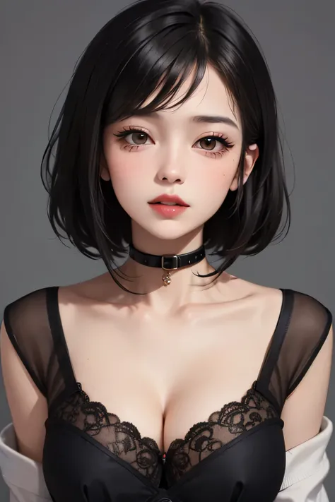 Amazing portrait of a cute goth woman with her short black hair in a bob hairstyle and shes wearing heavy eyeliner around her eyes and shes gazing at you seductively she wears an off shoulder t shirt that is orange and black with black bra straps 