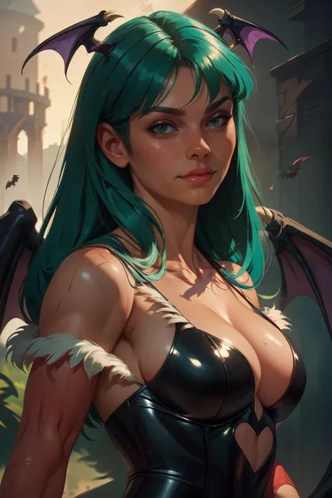 realistic oil paint of morrigan aensland, hot body, dynamic sensual pose, soft smile, long green hair, bat wings, detailed skin ...