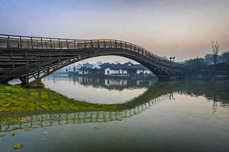 bridge bridge bridge,A Jiangnan village in the distance、minimalist black and white photo bridge bridge, bridge, Chinese Architecture, ancient Chinese Architecture, early morning, Hangzhou, tied bridge on local river, By Fei Danxu, ByGeorge Digalakis 8k...