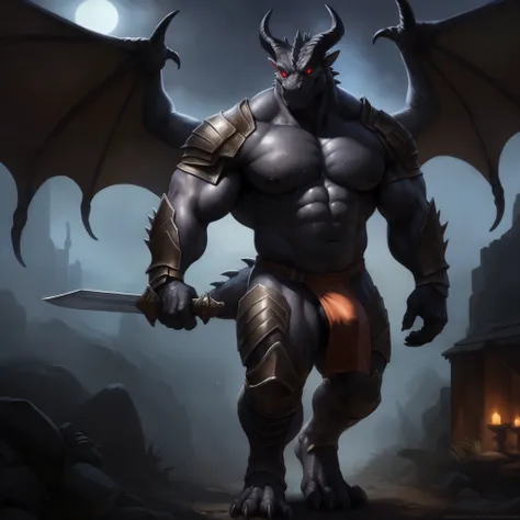 medieval bedroom, night, dark fog, walking, penis, (ultra detailed), a beautiful and detailed full size portrait of a male anthro dragon, scalie, dragonic, demon monster, (black body, black skin) smirk, (scales, detailed scales, muscle anthro, buff, big pe...