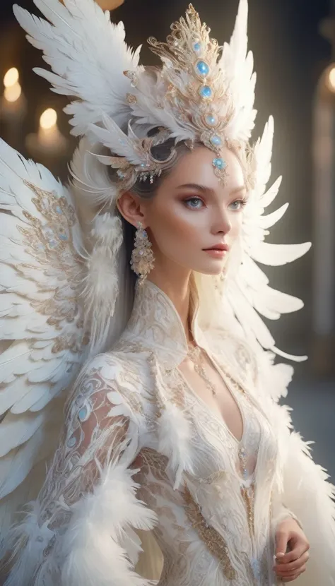 a beautiful elf model posing on a runway, wearing a white lace angelic costume with large feathered wings, intricate woven and lace detailing, a divine and ethereal appearance, glowing with heavenly light, hyper-realistic, 8k, highly detailed, photorealist...