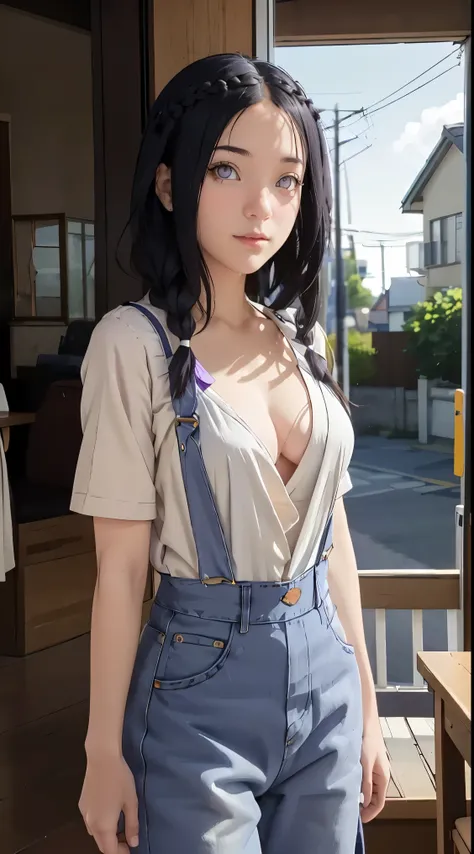 tmasterpiece， best qualityer， ultra - detailed， illustration，1girll，
long whitr hair，dark-blue hair，french braid，Purple eye，bluntbangs，cleavage，Large breasts
shirt，（jeans overalls：1.1），
mideum breasts， 
looking at viewert，hyouka/（Boruto/），Detailed lips