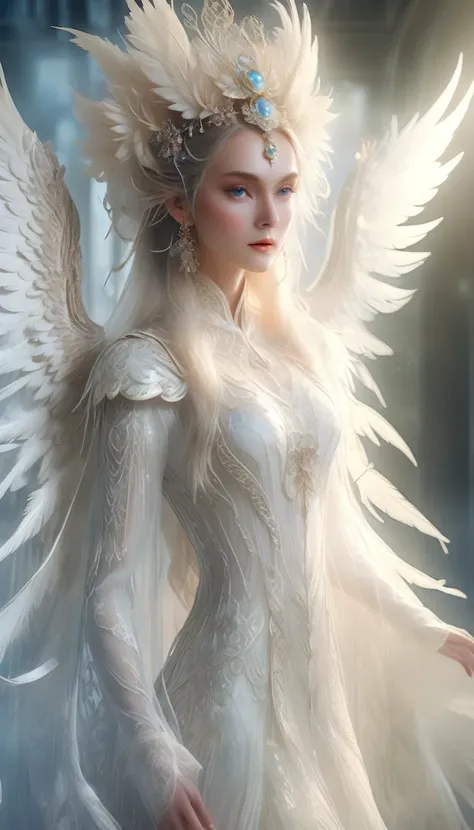 Elf,whole body,a beautiful elf model posing on a runway, wearing a white lace angelic costume with large feathered wings, intricate woven and lace detailing, a divine and ethereal appearance, glowing with heavenly light, hyper-realistic, 8k, highly detaile...