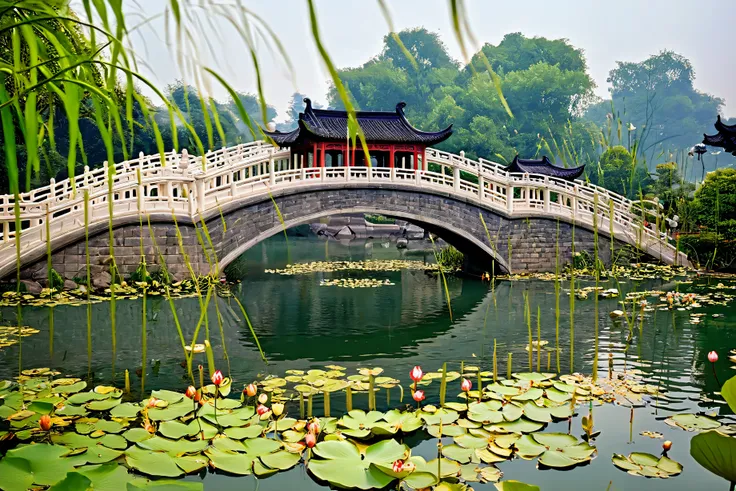 Bridge over the lake,The background is a building, Pictures inspired by Zhang Shunzi, shutter, Visual arts,Chinese Architecture, Chinese scenery, Hangzhou, Bridges over water, nice images, Chinese, crooked bridge, Chinese Palace, In line with Chinese aesth...