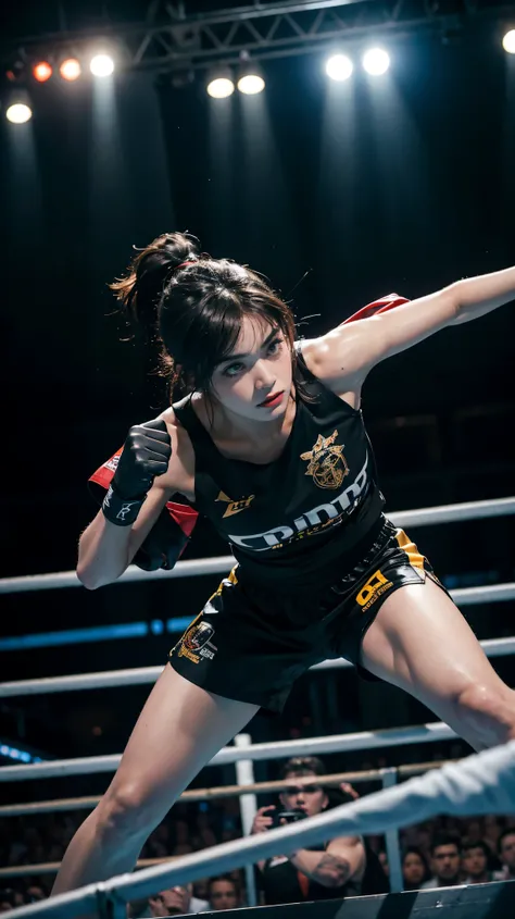 8k, best quality, highres, realistic, real person, A fierce female fighter in a boxing stance, ready to battle in an underground fighting arena. She has a determined look on her face, with short black hair and wearing sports attire. Instead of boxing glove...