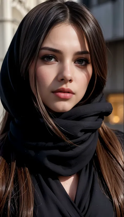 Portrait of a realistic beautiful western girl with long hair, ultra textured skin, wrapped in a black scarf, with black, wearing long clothes, very attractive and beautiful, great lighting, bright colors, clean lines, cinematic, illuminated, Arabic face, ...