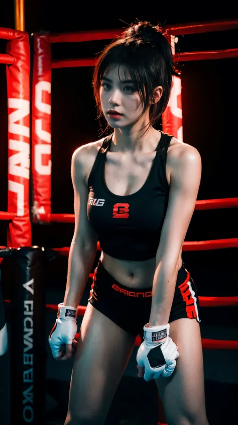 8k, best quality, highres, realistic, real person, A fierce female fighter in a boxing stance, ready to battle in an underground fighting arena. She has a determined look on her face, with short black hair and wearing sports attire. Instead of boxing glove...