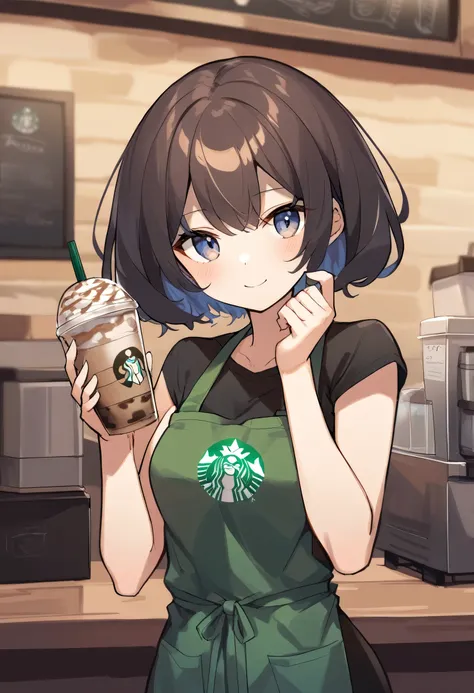 1girl, medium breasts,solo,bob hairstyle、hair color: brown、beautiful blue eyes、smile starbuni, emblem,green apron,starbucks, hol...