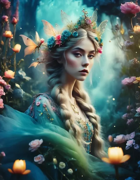 artistic photography, style of bella kotak, a closeup shot of a fairy, whimsical landscapes and settings, intricate costumes and...