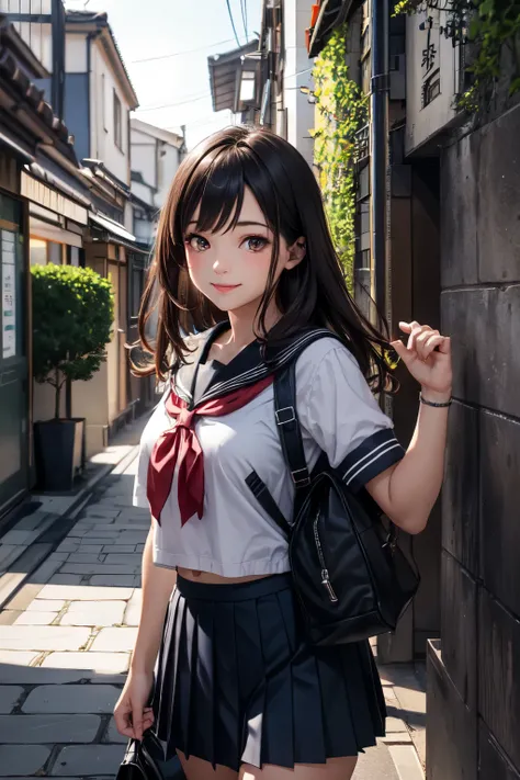 very cute and beautiful girl,(highly detailed beautiful face and eyes),(smile:1.2),blush,looking at viewer,
black hair,serafuku,(pleated navyblue mini skirt),standing,holding school bag,
narrow alley in tokyo,stone wall in front of modern building,trees,sh...