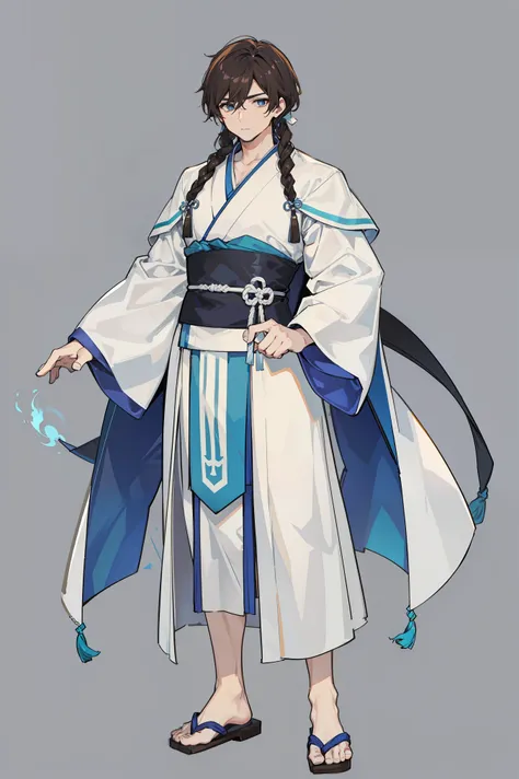 1 person, reference sheet,  Manly,  Broad shoulders, Tall, lean athletic build. white and blue clothes, dark brown hair,  flowing runic robes.Hanfu