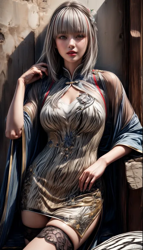 Mature Woman、((Gray Hair))、(((Two-tone hair)))、(((Detailed design)))、((White Chinese dress with embroidered white tiger))、((A wall with a white tiger painted on it))、Slender women、Cute Woman、 8K Ultra HD,Detailed face、Delicate texture, Long Hair、(((Blunt b...