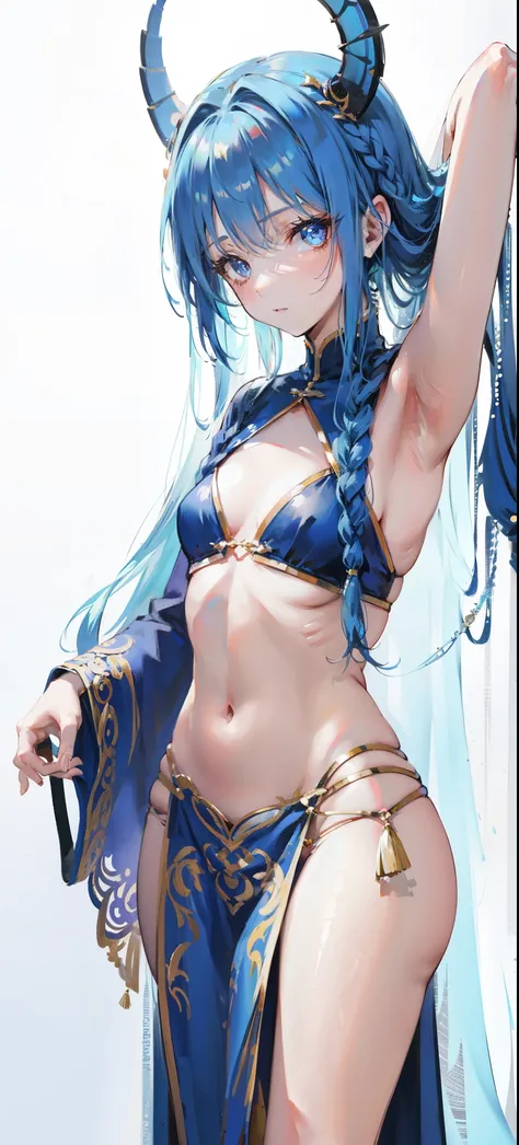 Blue long hair，Scorpion-tailed braids，Put on the clothes of the little dance of Douluo Continent，Is a beautiful and sweet girl Koser，（whole body）