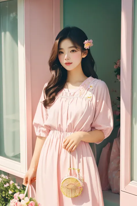 There is a woman standing by the window holding a flower basket., Full body cute lady, pastel colors, Feminine with cute pastel tones, pink clothes, In pastel tones, In soft pink color, Summer morning sunshine, pastel clothing, Against the backdrop of natu...