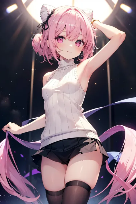 Pink Hair、Pink Eyes、girl、Small breasts、Bun Hair、girl、Small breasts、Lolita、Bright smile、Looks about 15 years old、Petan Musume、short、目のhighlight、Short、Sexy thighs、(length, High neck, Sleeveless sweater:1.3)、Showing armpits、Your eyes are so beautiful、highligh...