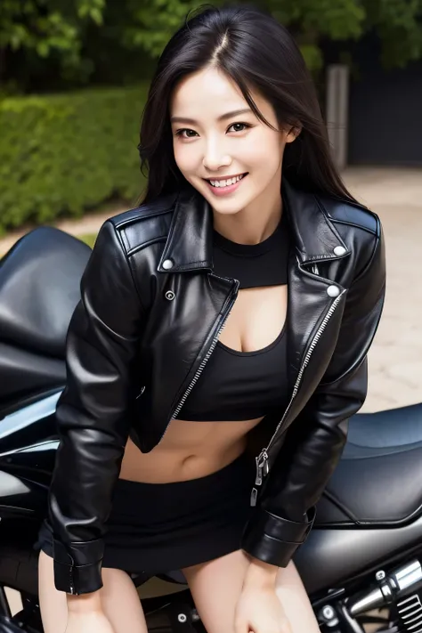 highest quality, Ultra-high resolution, (Realistic:1.4),Black rider jacket、black t-shirt with open chest、Leaning forward、Medium breast、valley、A beautiful woman with a clear complexion、cute、smile、Large motorcycle in the background