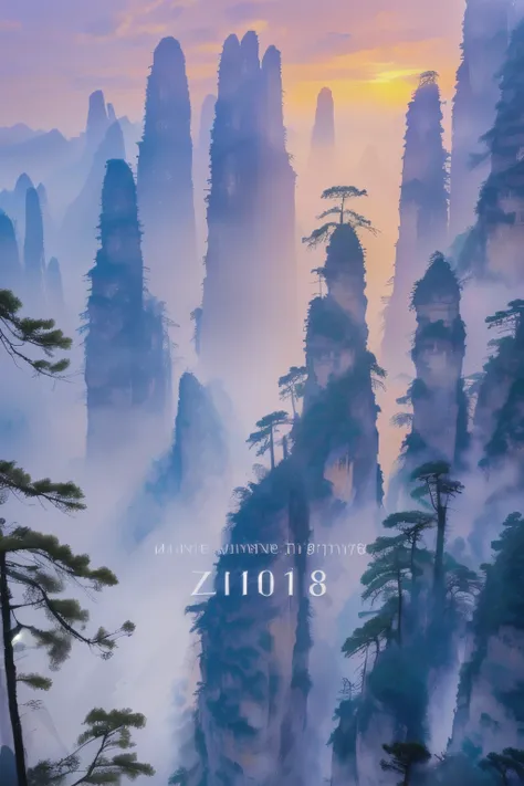 Watercolor，Chinese style，Ink Painting，Mountain views，There are several trees at the top of the hill, Floating mountains, Zhangjiajie national forest park, Zhangjiajie in early morning, Zhangjiajie, Chinese style景, Avatar Landscape, Stunning landscape image...