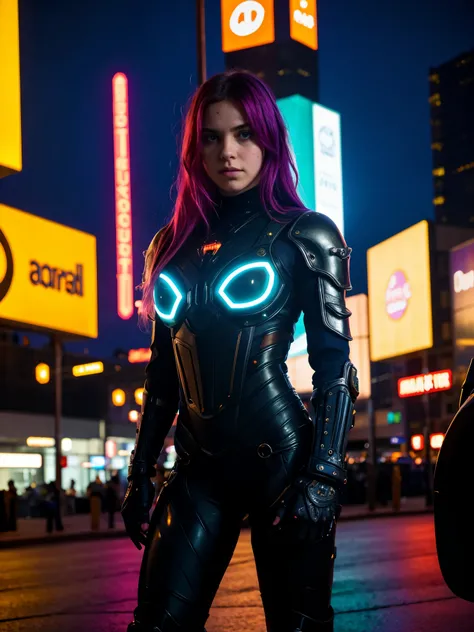 (best quality, masterpiece, highest detailed), (photorealistic:1.2), raw photo, Cyberpunk style, cyberpunk girl, mechanical body parts, armor of the future, very futuristic armor, standing on the street of Night City, night, neon lights, (vibrant  color), ...