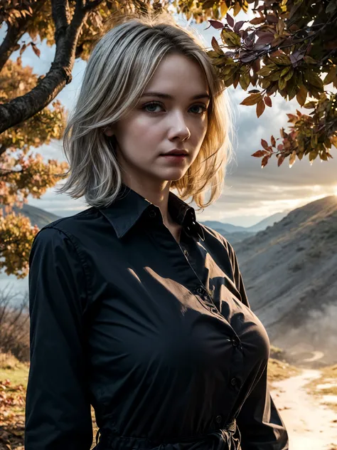 1girl, super details long sleeve black shirt, looking at viewer, white hair, inside a cave, detailed face, cinematic angle, cine...