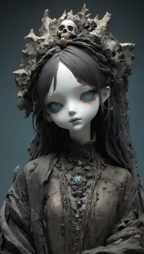 💀、☠、girl、❤、💀、dark fantasy、💀🥵💗、old，dirty， mineral pigments，3d粘土clay sculpture艺术，clay sculpture、one woman、