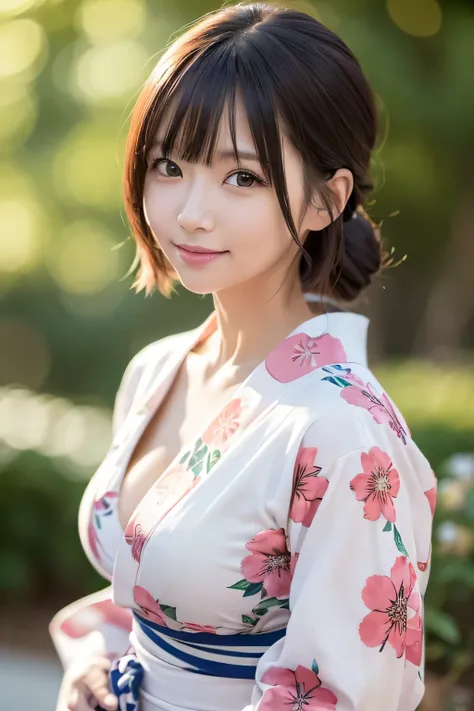 (masutepiece, Best Quality:1.4), ,The most beautiful in the world, 8K, 85 mm, absurderes, (floral pattern yukata:1.4), The upper part of the body, Exposing breasts、 violaceaess, gardeniass, Delicate girl, Solo, Night, Looking at Viewer, Upper body, Film gr...