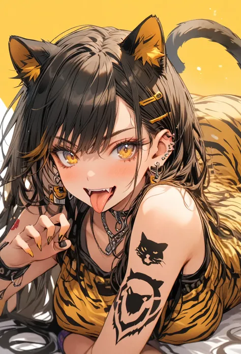 yellow and black, tiger pattern, tongue, gal, earrings, tattoo, cat pose