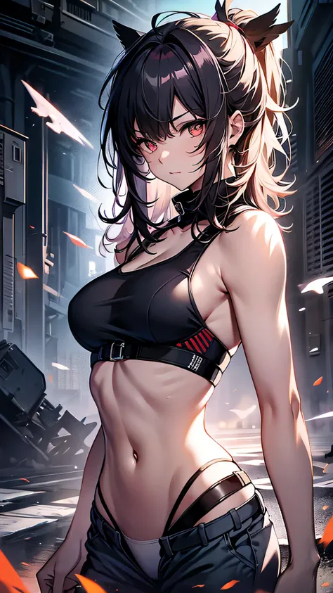 Highest quality、Highest quality、Masterpiece、girl((American、half、18-year-old、as soon as、Highest Bust、Medium Bust、Wide open chest、Red glowing eyes、Black Ear、Red Mesh、Disheveled Hair、Loincloth、thin、The best valley、Open chest、hair ornaments、Full body view、pant...