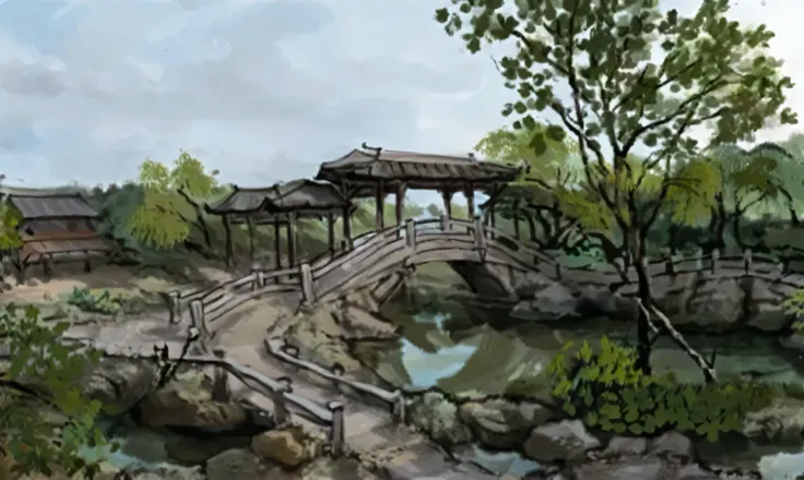 This is an oil painting，Large freehand oil painting，There is a bridge across a small pond in the park,  Chinese Architecture, Stone Bridge, Tang Dynasty Palace, nice images, Bridges over water, crooked bridge, qiangshu, Chinese Architecture, Kibashi, Fairy...